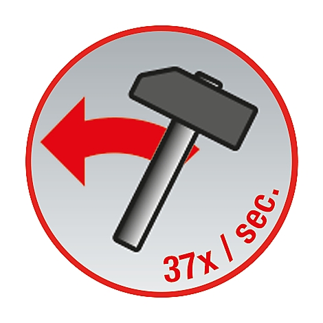 Symbol: Ein Hammer mit rotem Pfeil, zeigt die Schlagfrequenz von 37 Schlägen pro Sekunde.